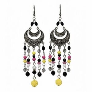Kitschy Bohemian Bead Chandelier Earrings - Silver Tone Multi coloured